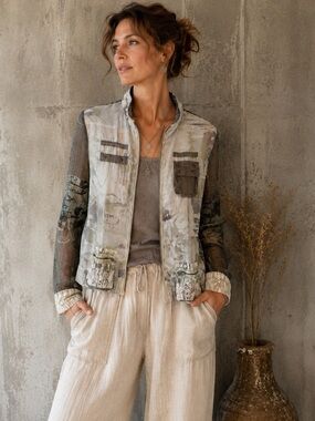 Artwear Chiffon Utility Jacket Abstract Print Lace Mixed Media Zip Jacket